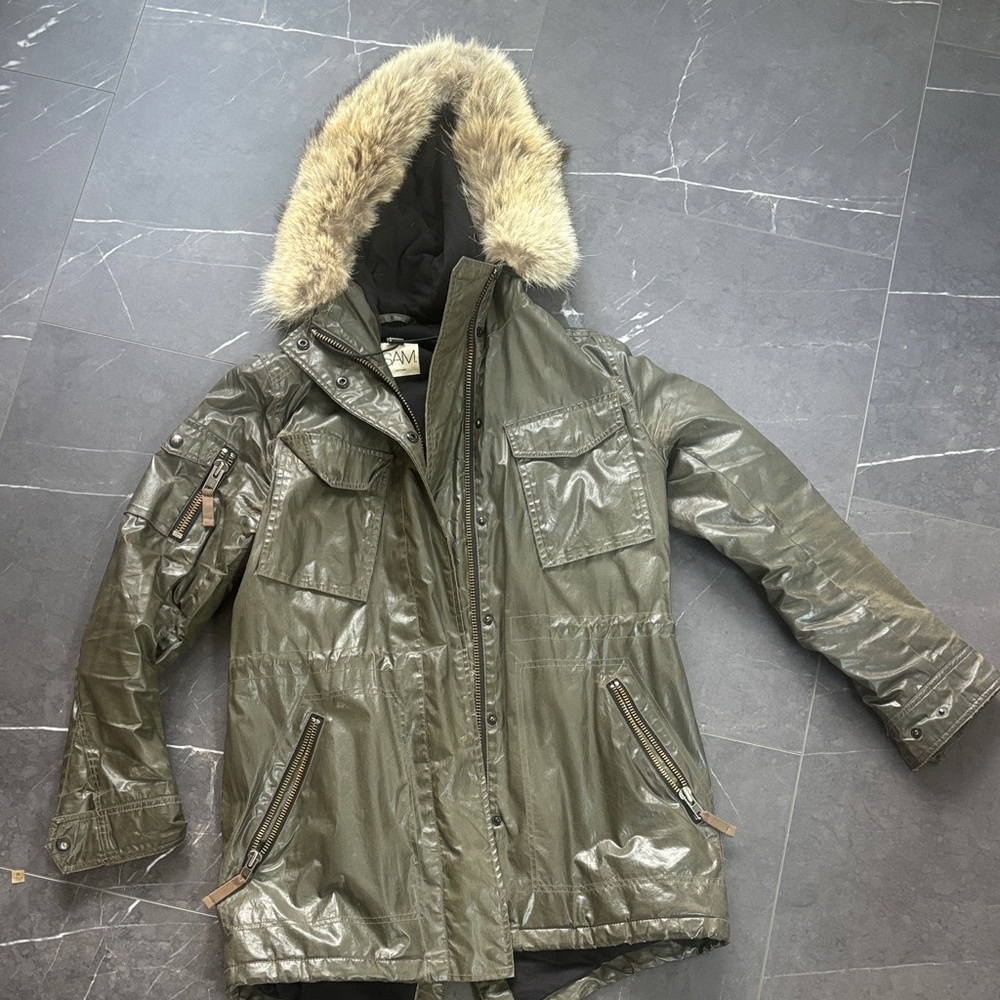 SAM. Olive Green Quilted Parka with Gold-Tone Zipper
